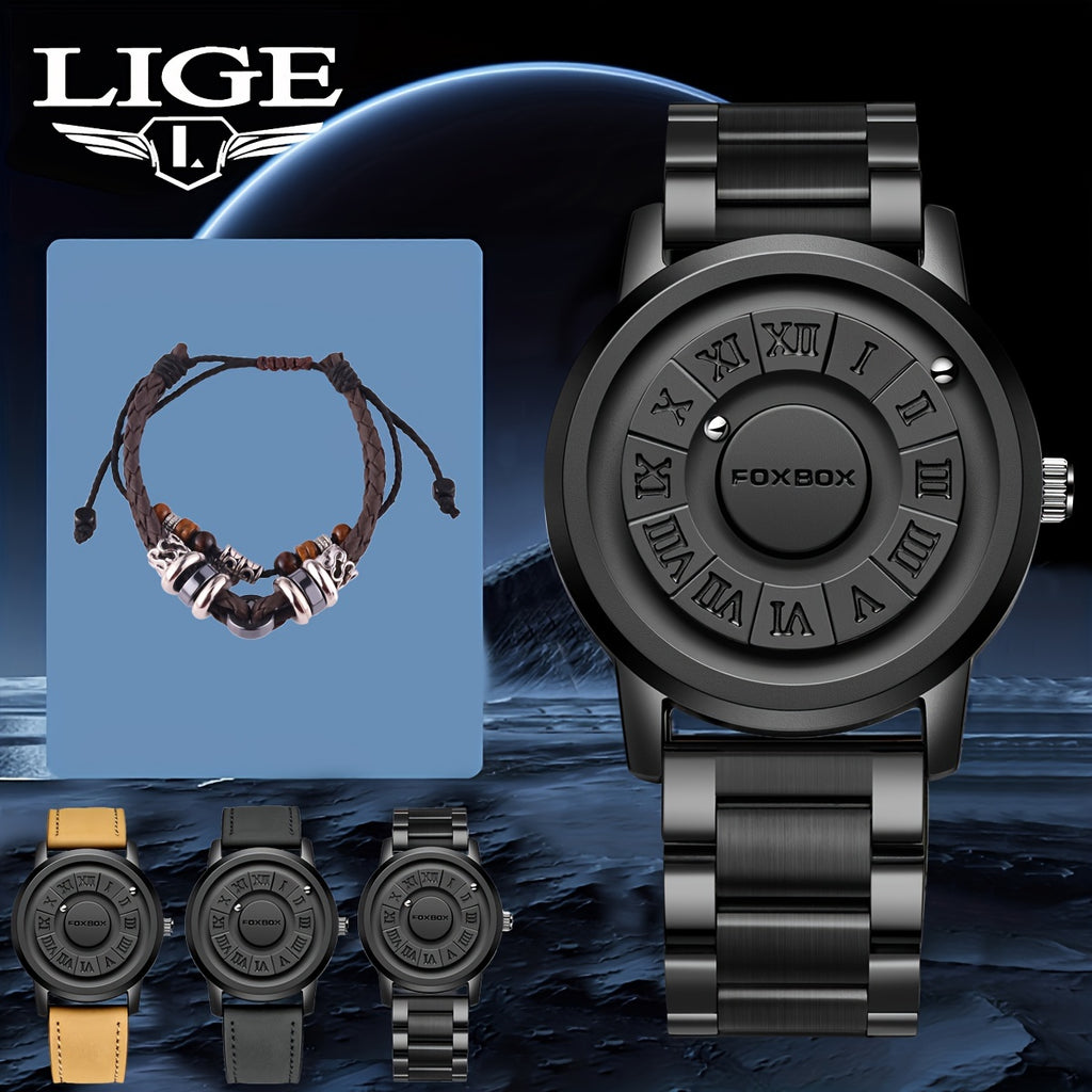 FOXBOX Fashionable Men's Watch, Cool Dial Display Design Waterproof Rotating Magnetic Bead Watch, Family Party Gift, Black And Grey Leather Belt