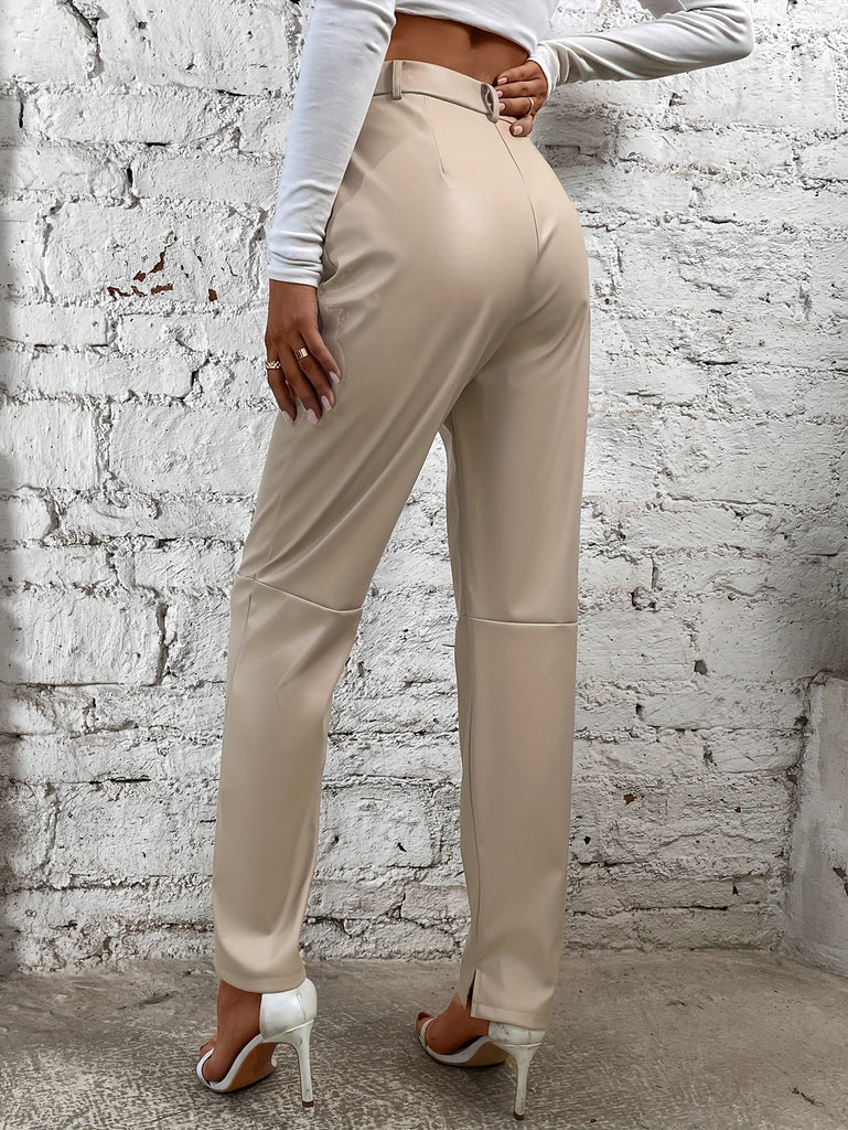 Elegant Women's Faux Leather Pants - High Waist, Comfort Stretch, Button Detail, Perfect for Fall/Winter