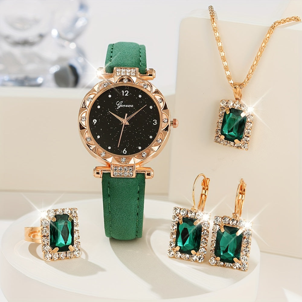 5pcs/set Women's Shiny Rhinestone Quartz Watch Analog PU Leather Wrist Watch & Jewelry Set, Gift For Mom Her