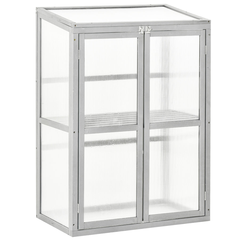 DodiOnline Wooden Cold Frame Greenhouse Polycarbonate Garden Grow House for Flower Vegetable Plants with Adjustable Shelf, Double Doors, 76 x 47 x 110cm, Light Grey