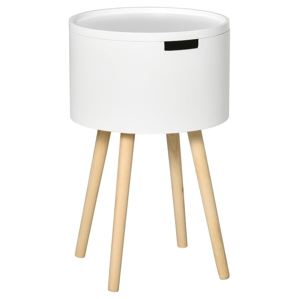 DodiOnline Modern Side Table with Hidden Storage Space, Round Night Stand with Removable Tray Wood Frame End Coffee Table for Living Room, White