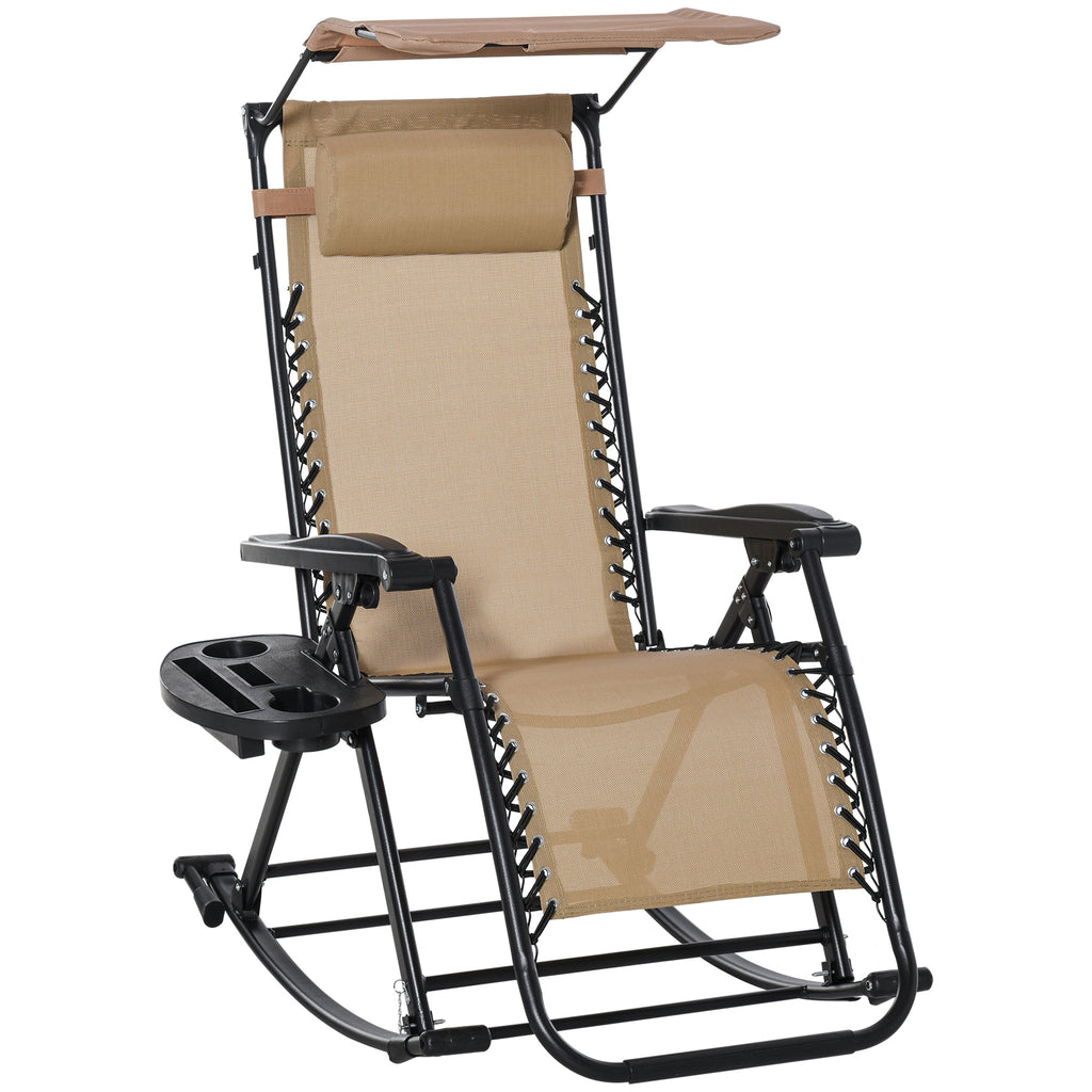 DodiOnline Garden Rocking Chair Folding Recliner Outdoor Adjustable Sun Lounger Rocker Zero-Gravity Seat with Headrest Side Holder Patio Deck - Beige