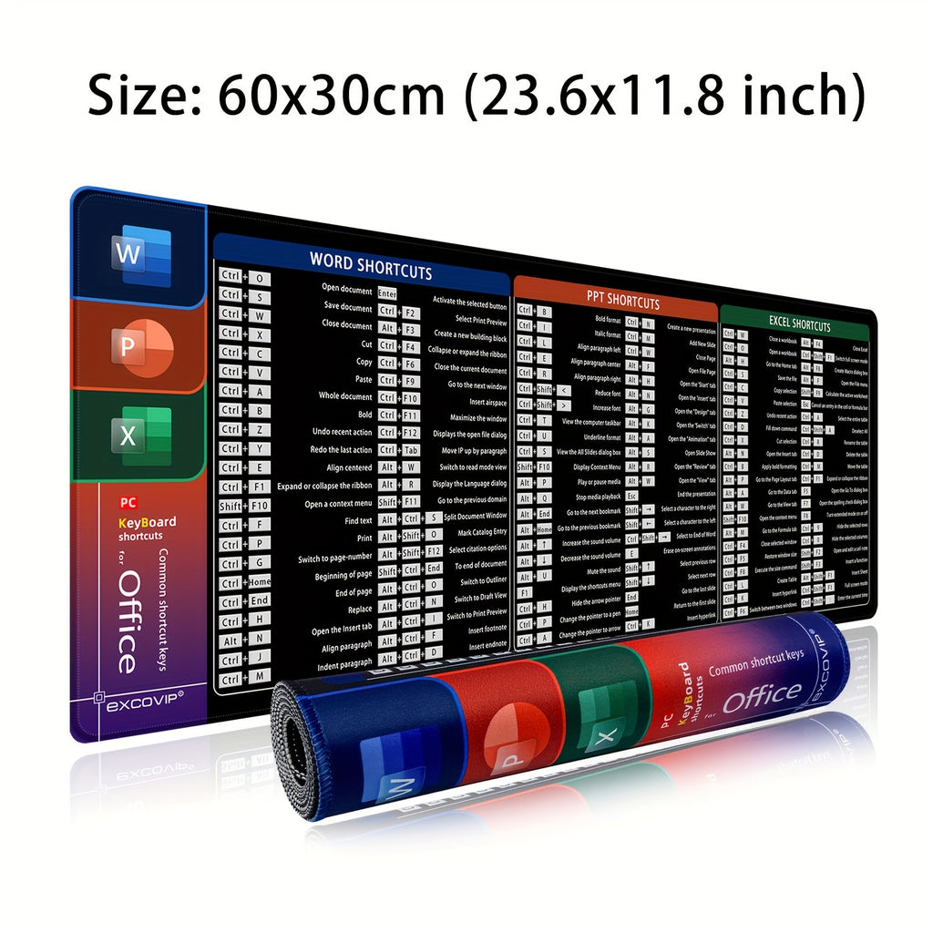 EXCOVIP Rubber Mouse Pad, Oblong Shape, Non-Slip Desk Mat for Office, Home, Student Study, Keyboard Shortcut Design, Ideal for Office Word Excel PPT, Durable and Easy to Clean