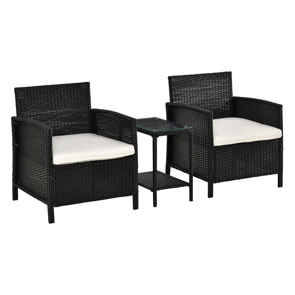 DodiOnline 2-Seater PE Rattan Side Table & Armchair Bistro Set Jack and Jill Seat w/ Pillows Black