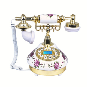 Elegant Vintage White Ceramic Telephone with Floral Design - Classic Counterque Style Corded Landline, Hand-Painted Flowers, Polished Brass Accents for Home & Office Decor, Ideal Gift