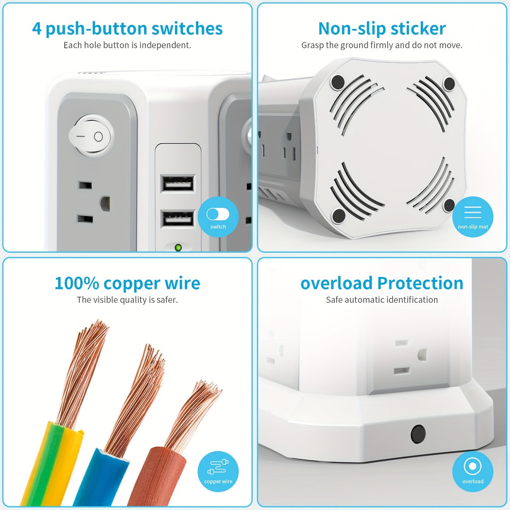 PASSUS 10ft Surge Protector Power Strip with USB C Ports - 12 AC Outlets, 5 USB Charging Ports, 18W PD Support, 125V US Plug, Compact Design for Home Office Dorm, Surge Protection, Rectangular Shape, Dorm Room Essentials, Mod