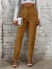 Elegant Women's Faux Leather Pants - High Waist, Comfort Stretch, Button Detail, Perfect for Fall/Winter