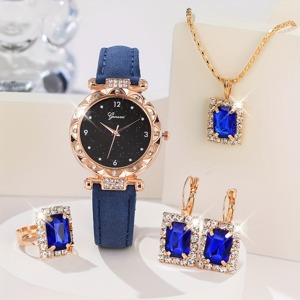 5pcs/set Women's Shiny Rhinestone Quartz Watch Analog PU Leather Wrist Watch & Jewelry Set, Gift For Mom Her