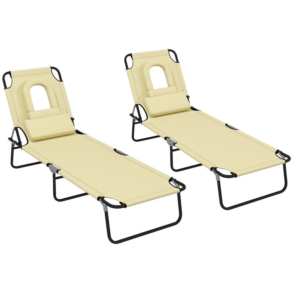 DodiOnline Outdoor Foldable Sun Lounger Set of 2, 4 Level Adjustable Backrest Reclining Sun Lounger Chair with Pillow and Reading Hole, Beige