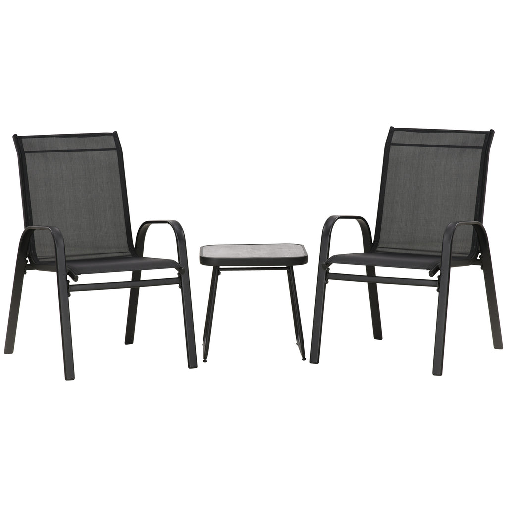 DodiOnline 3 Pieces Outdoor Bistro Set, Patio Stackable Armchairs with Breathable Mesh Fabric and SPC Board Coffee Table, Black