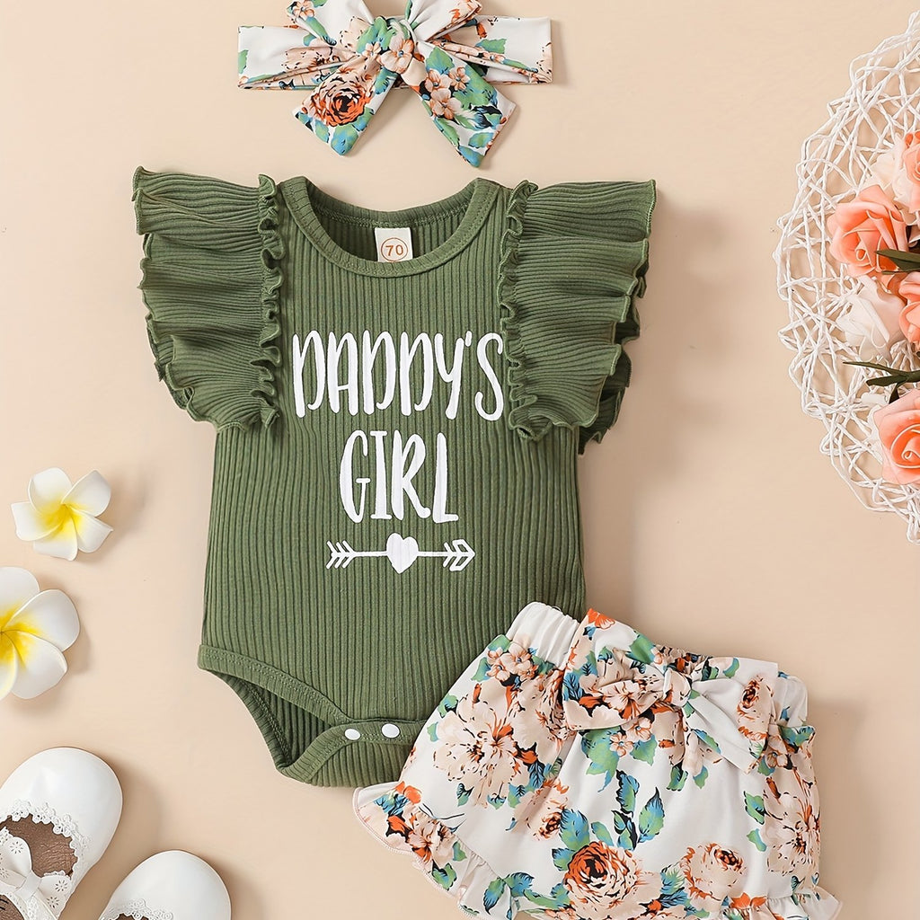 3pcs Baby Girls "Daddy's Girl" Ruffle Sleeve Onesie & Floral Shorts & Headband Outdoor Set outdoor clothes