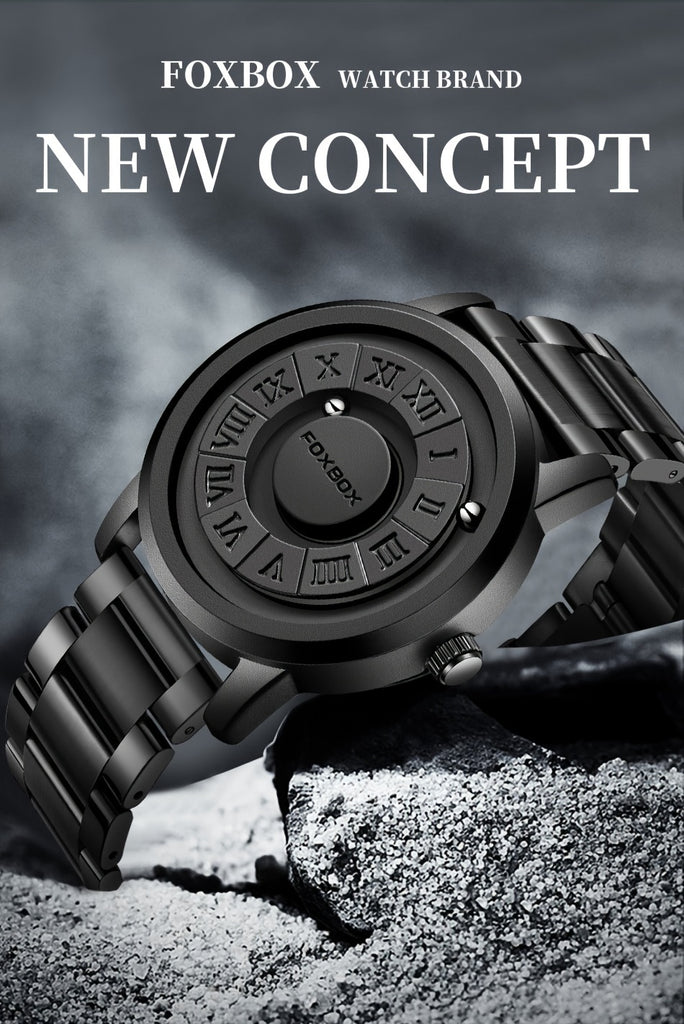 FOXBOX Fashionable Men's Watch, Cool Dial Display Design Waterproof Rotating Magnetic Bead Watch, Family Party Gift, Black And Grey Leather Belt