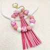 Silicone Beaded Wristlet Keychain With PU Leather Tassel Skull Flower Leopard Fashion Bag Charm Phone Lanyard Women daily use Gift
