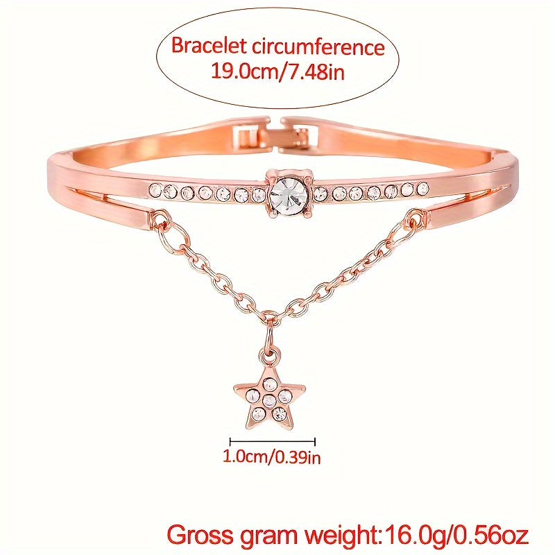 2pcs/set Women's Rhinestone Pink Gradient Quartz Watch Analog PU Leather Wrist Watch & Star Bangle, Gift For Mom Her