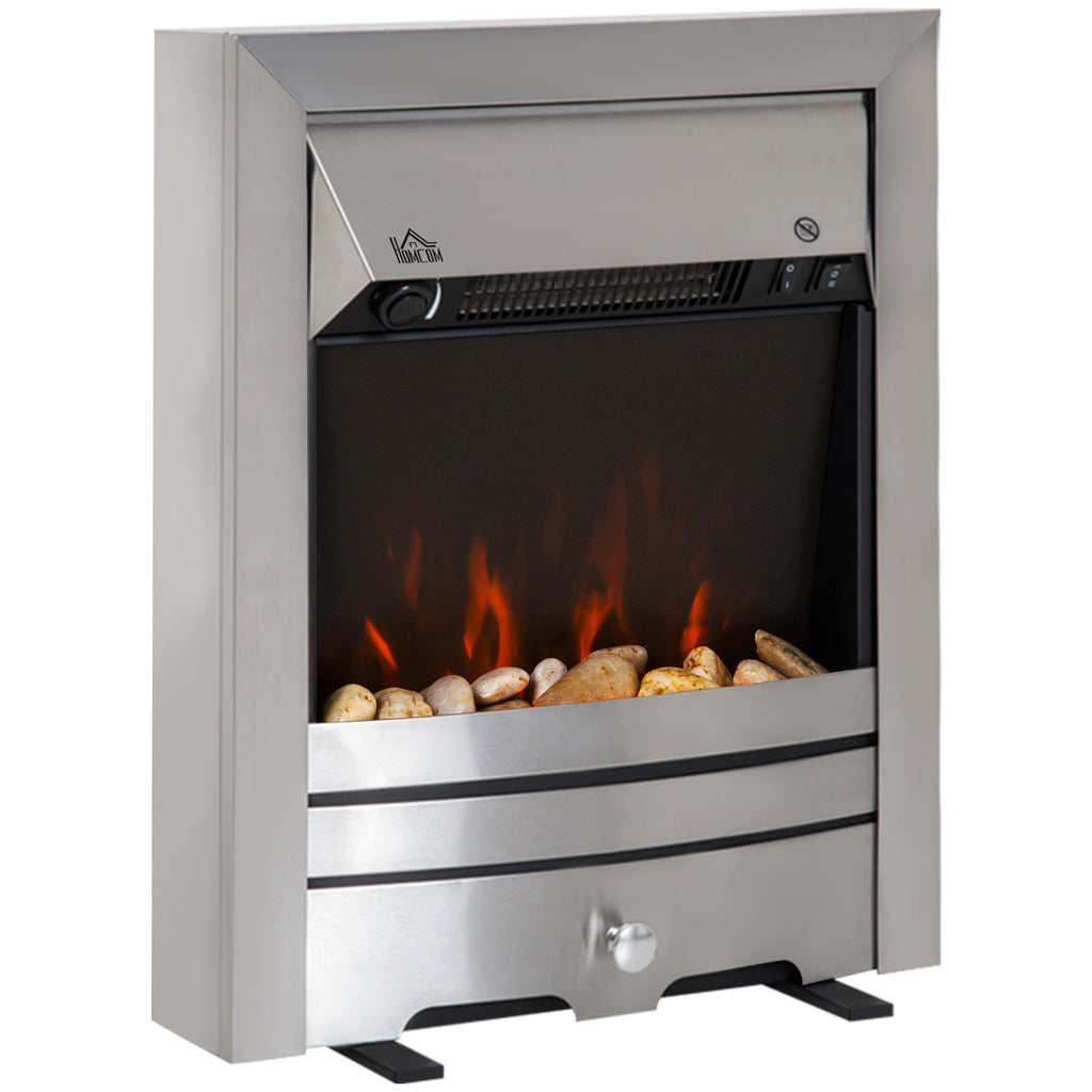 DodiOnline 2KW Stainless Steel Electric Fireplace Pebble Burning Effect Heater Fire Flame Indoor Stove LED Lighting