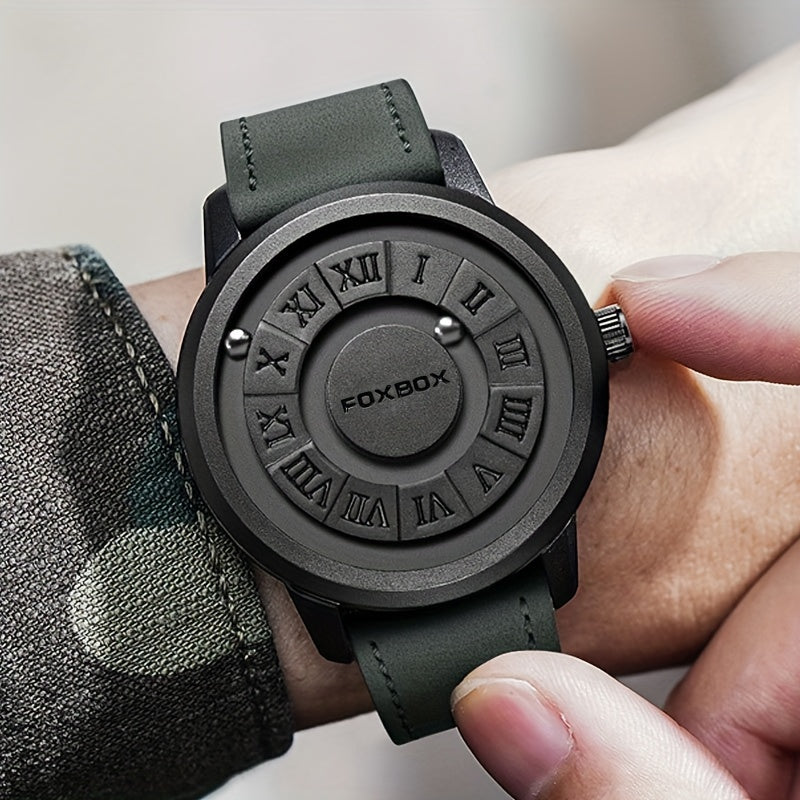 Mens Fashion Watch - Eye-Catching Cool Dial with Waterproof Rotating Magnetic Bead - Durable PU Leather Strap - Stylish Design for Fashion-Forward Gentlemen