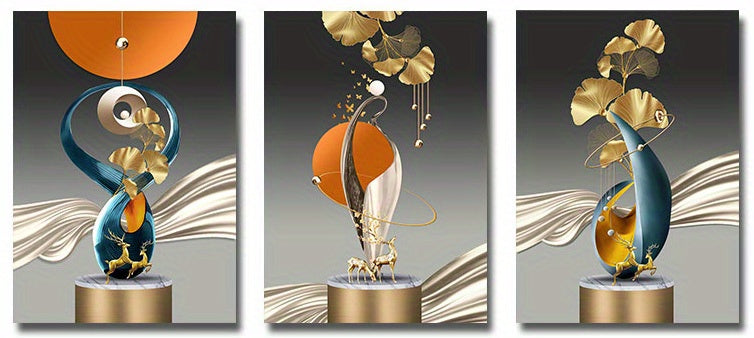 3pcs Geometry Art Canvas Print Posters, Golden Deer Ginkgo Leaf Canvas Wall Art Paintings, Artwork Wall Painting For Living Room Bedroom Bathroom Office Hallway Kitchen Wall Decors, No Frames