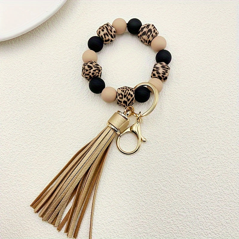 Silicone Beaded Wristlet Keychain With PU Leather Tassel Skull Flower Leopard Fashion Bag Charm Phone Lanyard Women daily use Gift