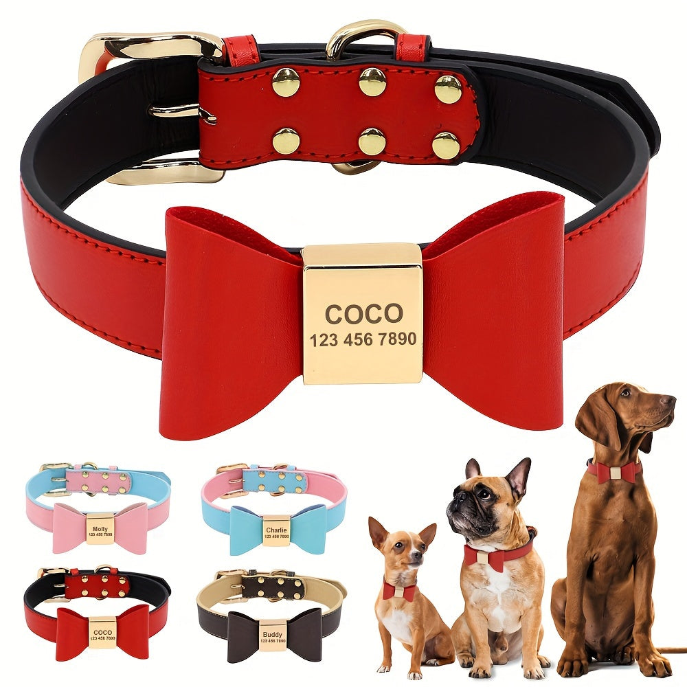For Small Medium Dogs Cats, Free Engraved PU Leather Personalized Dog Collar with Bowknot, Customized Pet ID Name Collar
