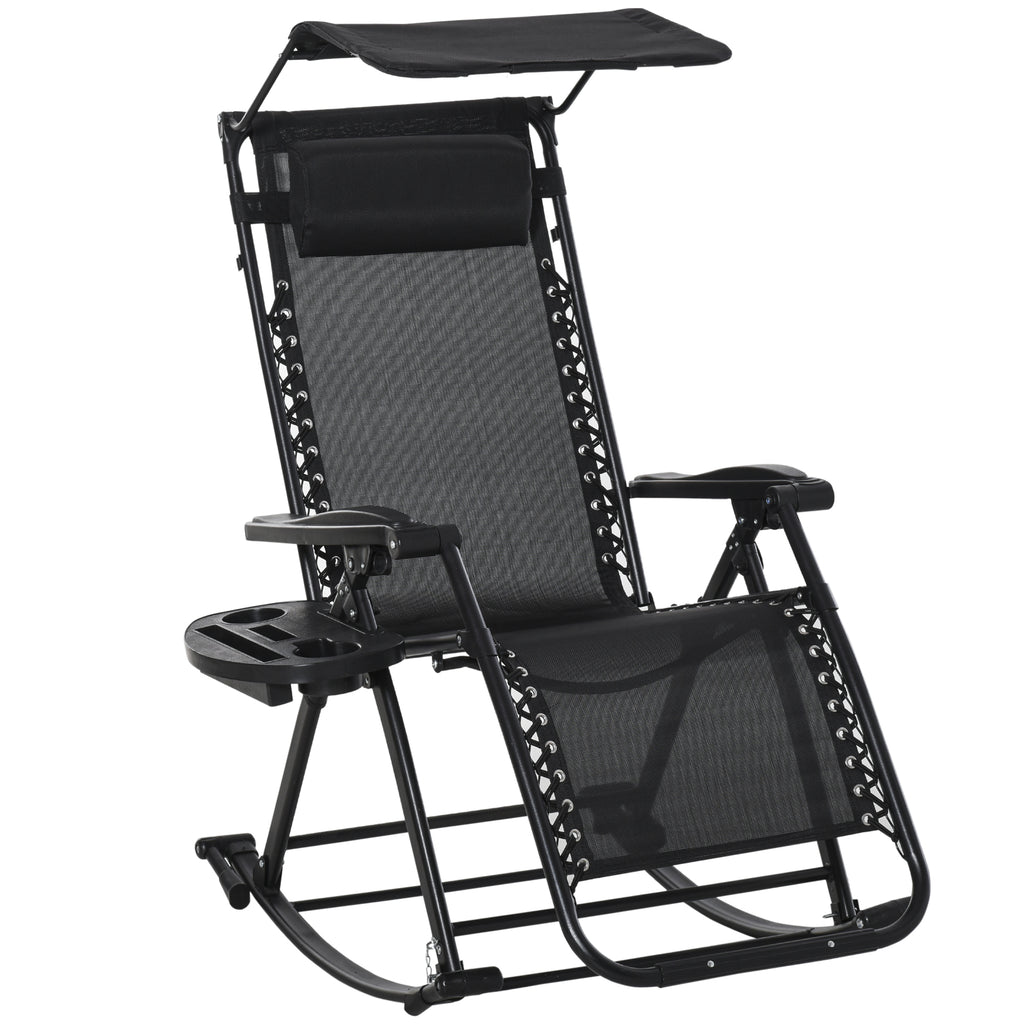 DodiOnline Garden Rocking Chair Folding Recliner Outdoor Adjustable Sun Lounger Rocker Zero-Gravity Seat with Headrest Side Holder Patio Deck - Black