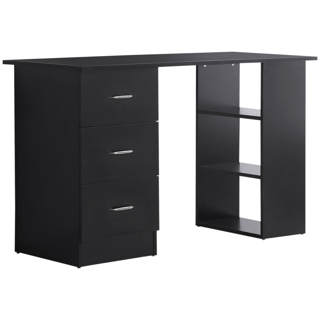DodiOnline Computer Desk, Writing Table, PC Workstation with 3 Storage Shelves and Drawers, Silver Handle, for Home Office, Black