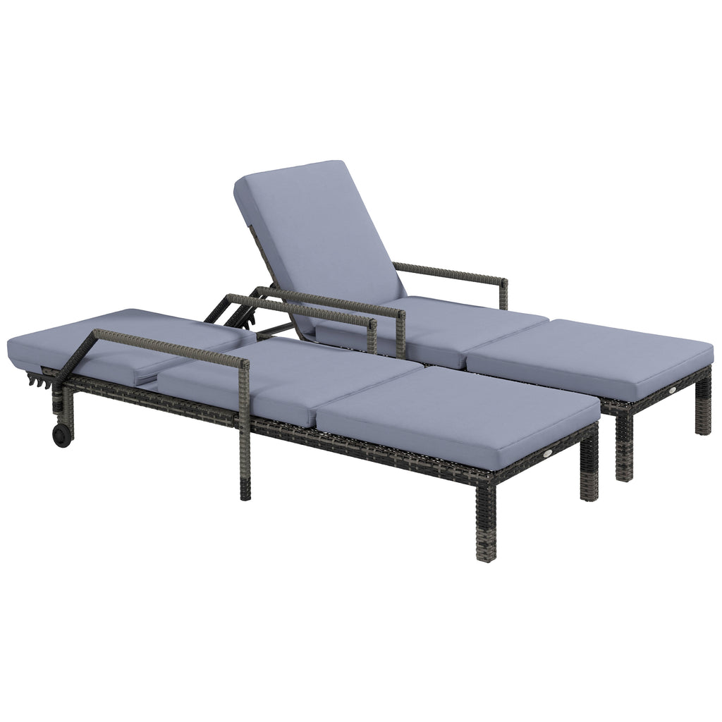DodiOnline Outdoor PE Rattan Sun Lounger Set of 2, Wicker Chaise Recliner Garden Chair with 5-Level Adjustable Backrest and 2 Wheels, Dark Grey