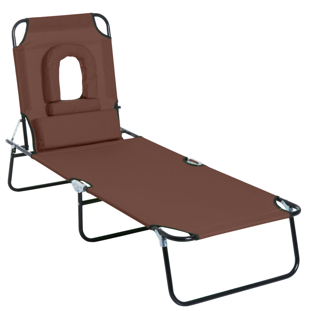 DodiOnline Outdoor Foldable Sun Lounger, 4 Level Adjustable Backrest Reclining Sun Lounger Chair with Pillow and Reading Hole, Brown