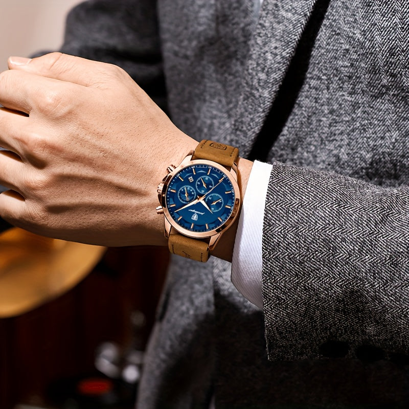 Men's Stylish Rose Golden Quartz Watch with Blue Dial, Waterproof, Genuine Leather Strap & Stainless Steel Case - Multifunctional Chronograph with Calendar Feature, Perfect for Casual Wear, Everyday Timepiece | Stylish Leathe