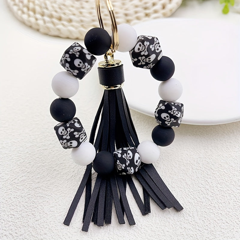 Silicone Beaded Wristlet Keychain With PU Leather Tassel Skull Flower Leopard Fashion Bag Charm Phone Lanyard Women daily use Gift