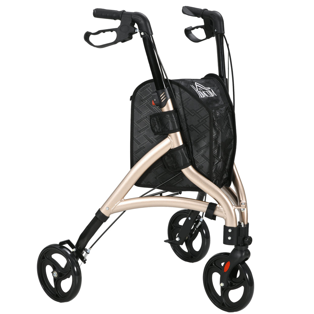 DodiOnline 3 Wheel Rollator, Lightweight Aluminium Tri Walker with Adjustable Handle, Storage Bag and Dual Brakes, Folding Mobility Walking Aid for Elderly, Handicapped, 5.3kg, Gold Tone