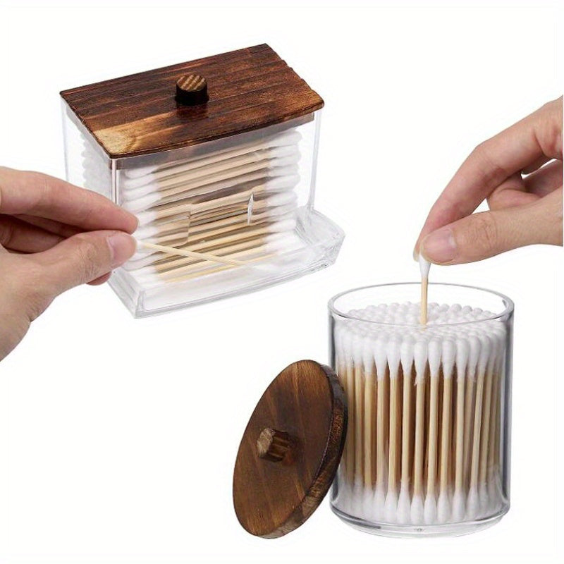 1/3pcs 10/7 OZ Swabs Dispenser - Swabs Holder Bathroom Container With Apothecary Jar Organizer - Brown Wood Lids For Easy Storage