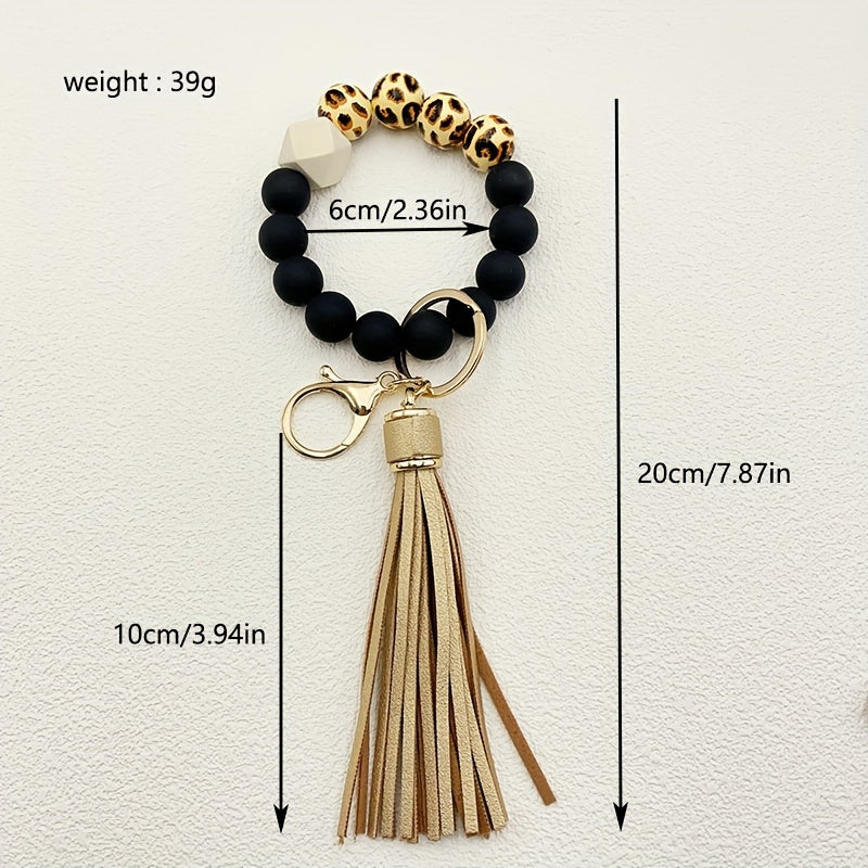 1pc Stylish Leopard Pattern Silicone Wooden Beaded Wristlet Keychain - Fashionable PU Leather Tassel Bag Charm, Phone Lanyard, Bangle Keychain for Women's Daily Use - Perfect Gift for Friends and Family
