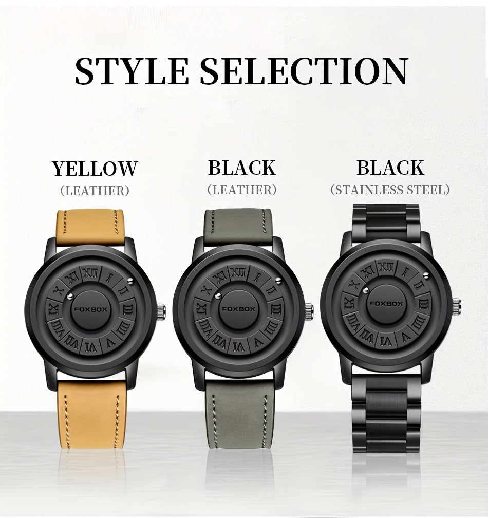 FOXBOX Fashionable Men's Watch, Cool Dial Display Design Waterproof Rotating Magnetic Bead Watch, Family Party Gift, Black And Grey Leather Belt