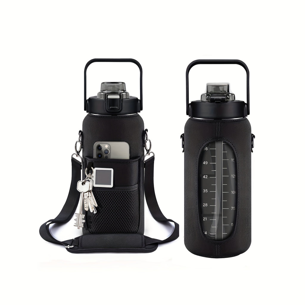 Sildurx 70oz (2L) Half-Gallon Water Bottle with Sleeve - Leakproof, BPA-Free Tritan, Built-in Straw & Time Stamp, Thermos with Handle, Motivational Design, for Gym, Travel, Office, School - Ideal Gift for Men & Women, Daily H