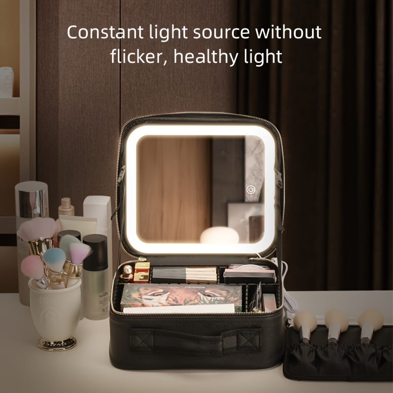 Elegant USB Rechargeable Makeup Bag for Women: Waterproof with LED Mirror, Adjustable Dividers - Ultimate Beauty Organizer