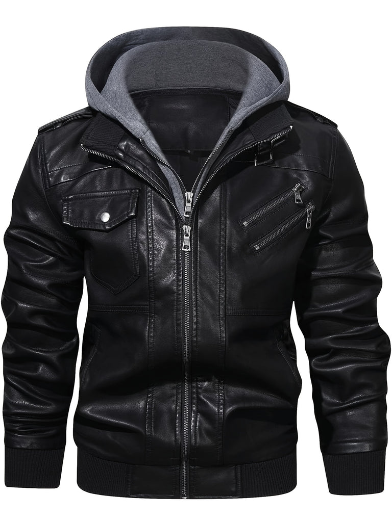 Men's Casual Hooded PU Leather Jacket, Chic Multi Pocket Biker Soft-shell Jacket