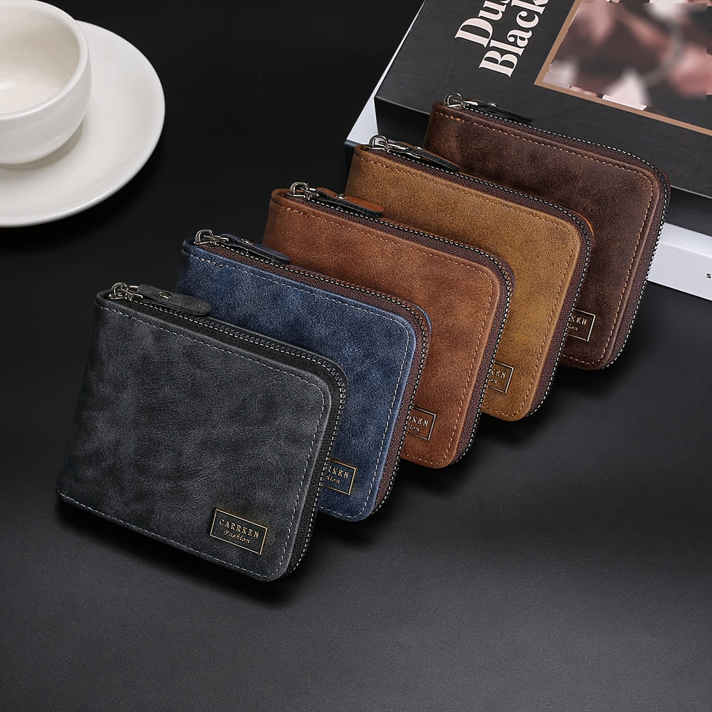 1pc Men's Zippered Short Wallet, Multi-card Holder, PU Leather Folding Wallet