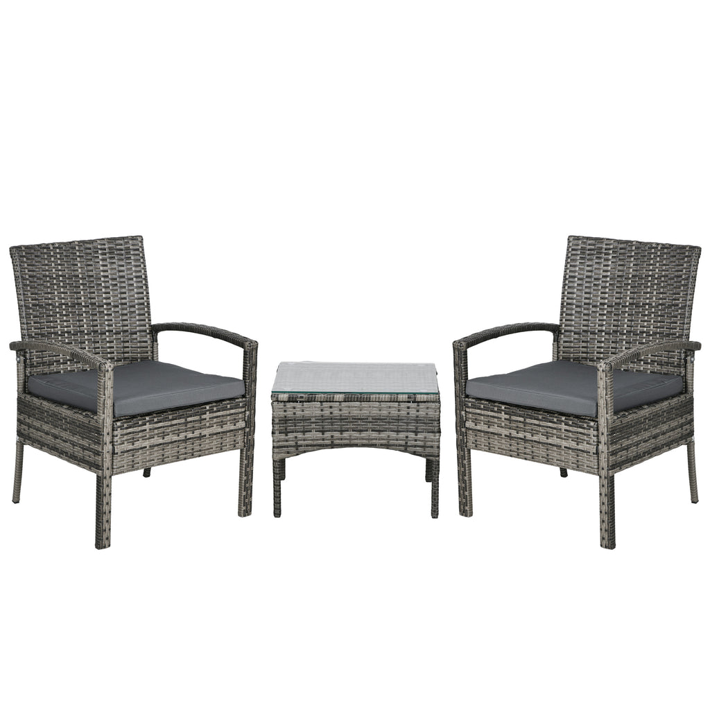 DodiOnline 3 Pieces Rattan Bistro Set, Wicker Garden Furniture Set with Glass Top Coffee Table and Chairs, Washable Cushions for Outdoor, Patio, Balcony, Mixed Grey