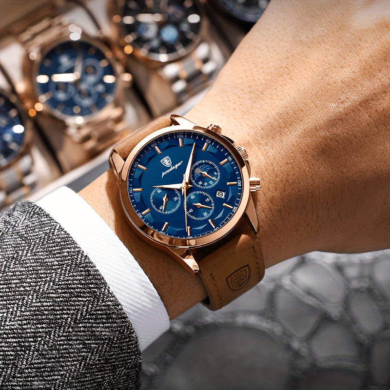 Men's Stylish Rose Golden Quartz Watch with Blue Dial, Waterproof, Genuine Leather Strap & Stainless Steel Case - Multifunctional Chronograph with Calendar Feature, Perfect for Casual Wear, Everyday Timepiece | Stylish Leathe