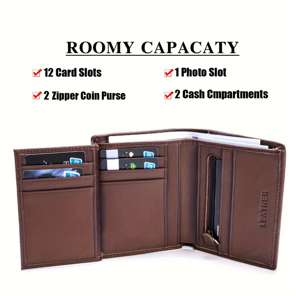 1pc Men's Genuine Leather Wallet, Retro Thin Vertical Short ID Credit Card Holder