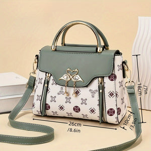 Trendy Printed Handbag For Women, Mini PU Leather Crossbody Bag, Retro Top Handle Flap Purse