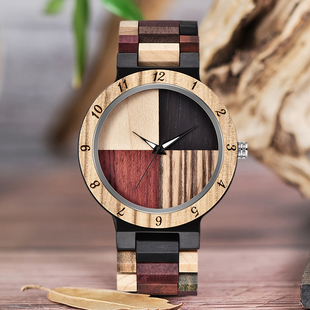 Unique Handcrafted Wooden Watch - Round Analog Quartz Timepiece with Colorful Bamboo Wood Dial and Wooden Strap for Casual Men - Non-Waterproof, Electronic Movement, Pointer Display