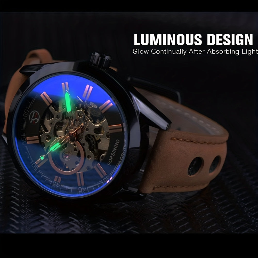 Forsining Men's Skeleton Mechanical Watch, Casual Sport Blue Light Glass, Non-Waterproof, Non-Automatic Winding, PU Leather Strap, Round Dial, Fashionable Men's Wristwatch, Gift for Men