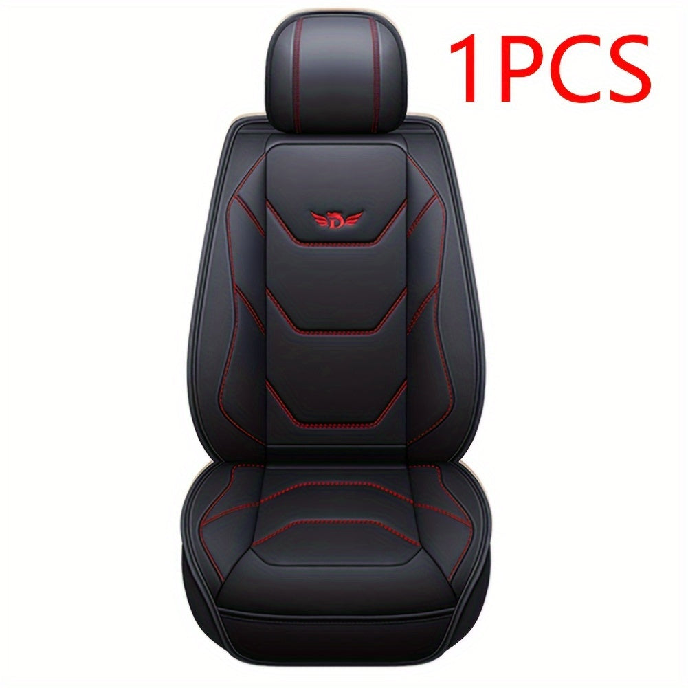 1pc Fit PU Leather Car Seat Cover, Breathable Front Seat Protector with Safety Cushion Compatibility, Sponge Filled, Non-Textile Weaving, Stylish Ergonomic Design with Red Accent Stitching, Available in Black/Brown/Beige/Blue