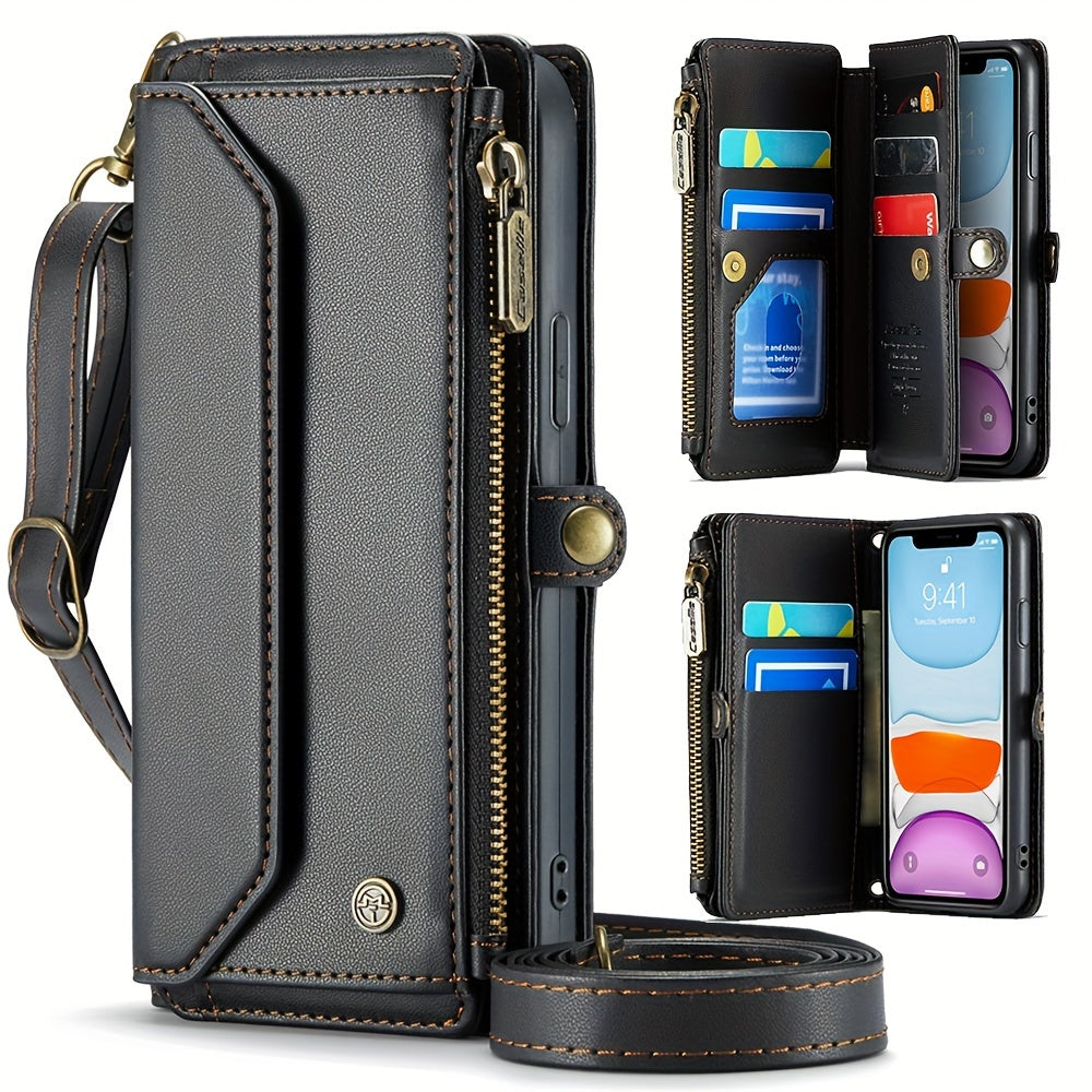 Extended Lanyard Faux Leather Phone Case for Iphone 15, 14, 13, 12, 11 Pro Max, Mini, XR, XS, 8, 7 Plus, And SE 2022 with Zipper Wallet And Card Holder