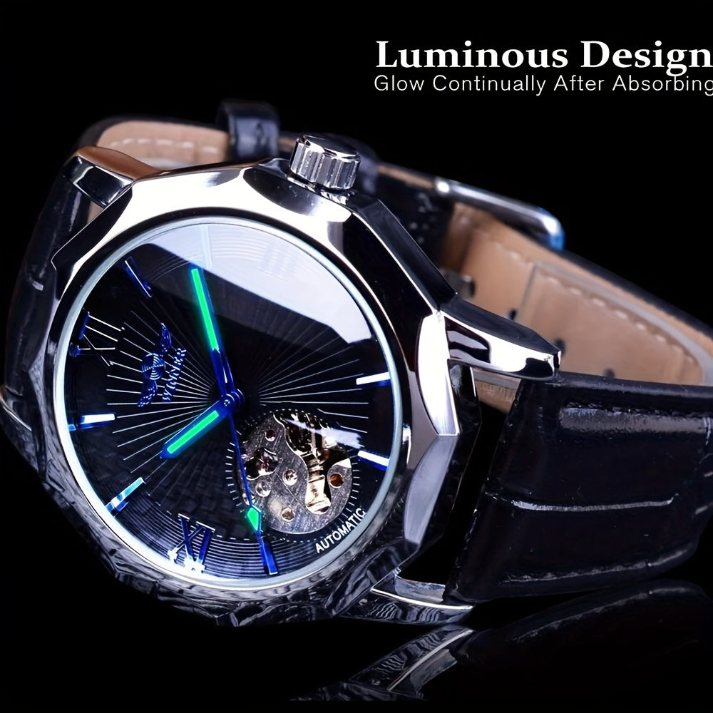 T-WINNER Men's Luxury Automatic Mechanical Watch - Blue Ocean Geometric Design, Transparent Skeleton Dial, Stainless Steel Case & Faux Leather Strap