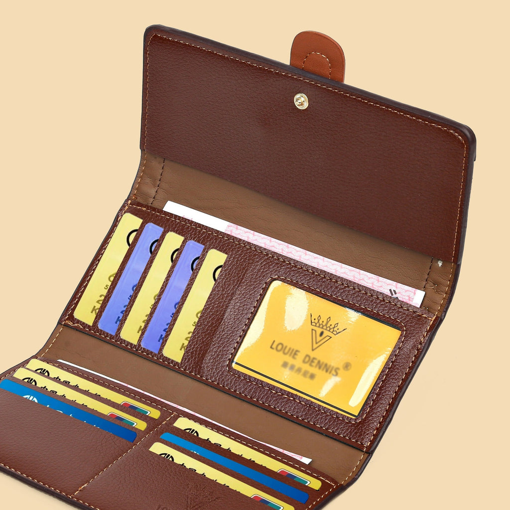 LABOONOO Women's Long Wallet Handbag - Geometric Synthetic Leather Clutch with Golden-Tone Buckle Closure, Light Gray & Dark Brown, Multiple Card Slots & Golden-Tone Hardware for Casual/Formal Occasions