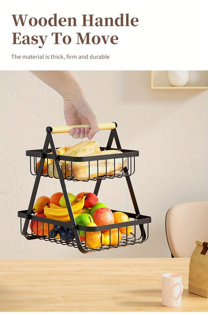 1pc 2/3 Tier Detachable Metal Wire Bathroom Storage Basket with Wooden Handle