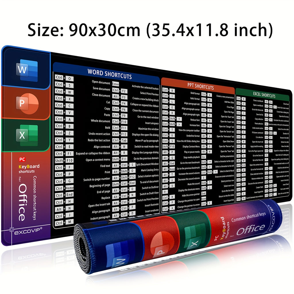 EXCOVIP Rubber Mouse Pad, Oblong Shape, Non-Slip Desk Mat for Office, Home, Student Study, Keyboard Shortcut Design, Ideal for Office Word Excel PPT, Durable and Easy to Clean