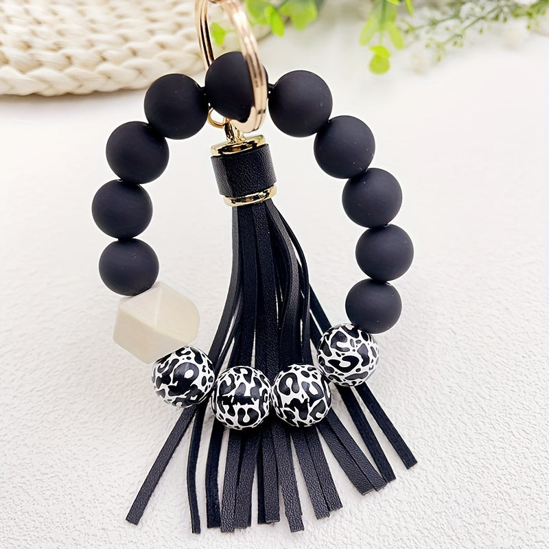 1pc Stylish Leopard Pattern Silicone Wooden Beaded Wristlet Keychain - Fashionable PU Leather Tassel Bag Charm, Phone Lanyard, Bangle Keychain for Women's Daily Use - Perfect Gift for Friends and Family